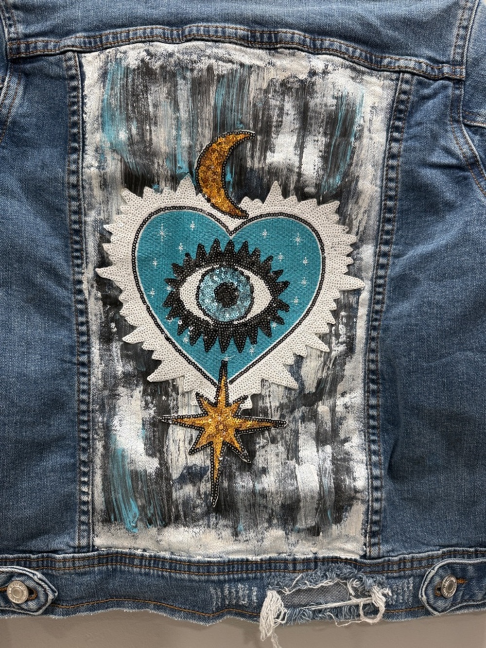 Hand-Painted Blue Denim Jean Jacket with Celestial Heart Back - Picture 3 of 6